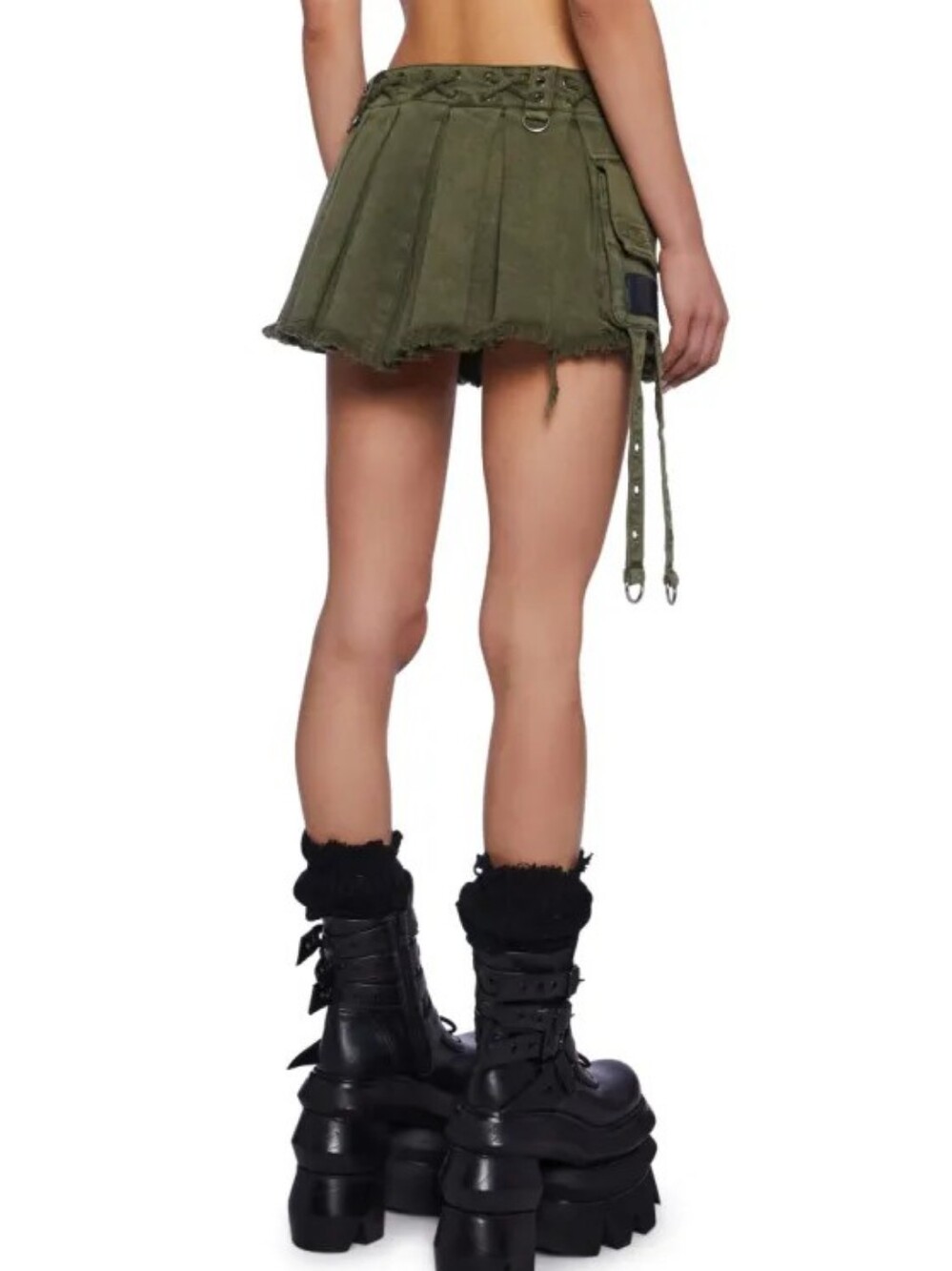 Darker Wavs Sold Out Olive Distressed Utility Pleated Mini Skirt Size L - Picture 3 of 8